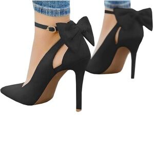 Black Suede Bow Pumps | Women’s Size 10 | Strap & Ribbon Options | Worn